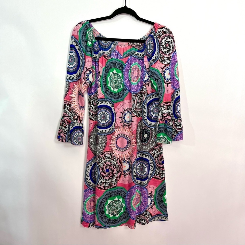 Pink Green Blue Medallion Tunic Top Ruffle 3/4 Sleeves Sz Large
